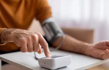 A person presses a button on a digital blood pressure monitor while wearing a cuff on their arm at a table.