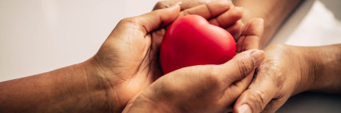 Two pairs of hands gently holding a red heart-shaped object.